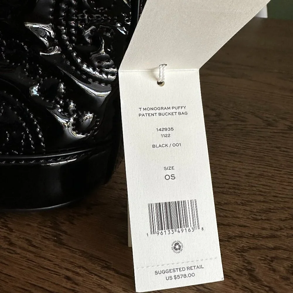 NWT! New! Tory Burch T Monogram Embroidered Patent Bucket Bag -BLACK Large